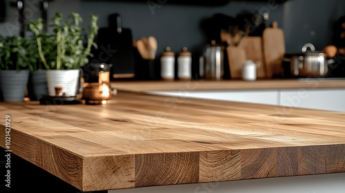 Elegant wooden kitchen countertop with fresh herbs, stylish utensils, and a modern kitchen ambiance for culinary inspiration.