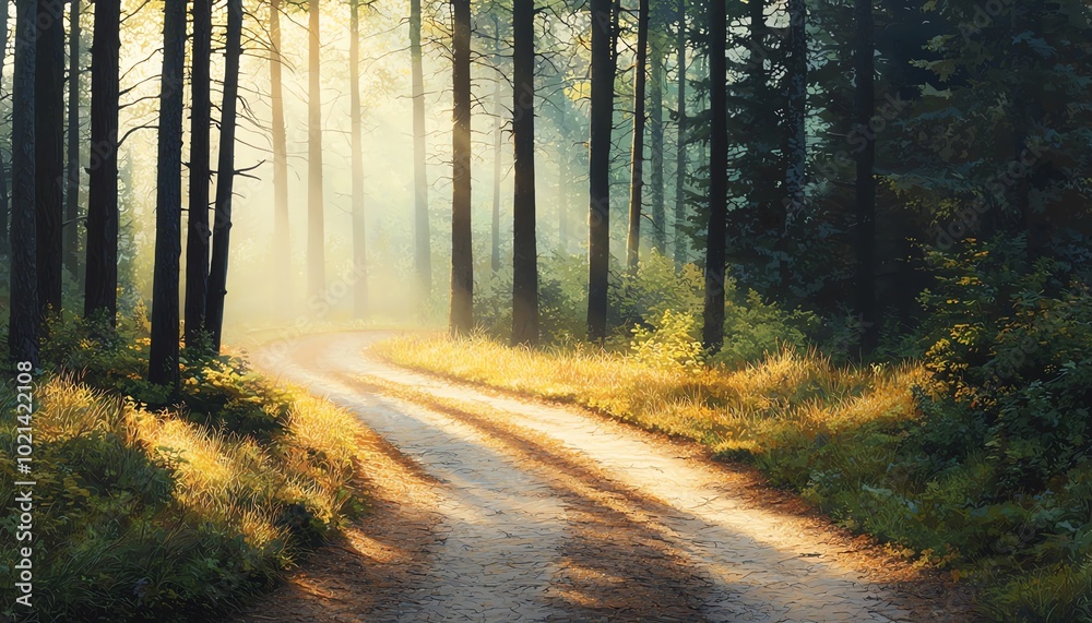 A serene forest path illuminated by soft morning light, surrounded by tall trees and lush greenery. A serene forest path illuminated by soft morning light, surrounded by tall trees and lush greenery.