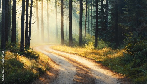 A serene forest path illuminated by soft morning light, surrounded by tall trees and lush greenery.