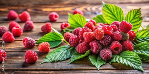 A close-up of ripe red raspberries on a rustic wooden surface, surrounded by vibrant green leaves, creating a visually appealing and appetizing display of nature's bounty.