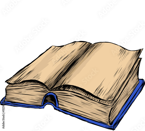 an open thick folio with old yellow pages. Vector illustration is an open magic book with inscriptions runes in an unknown language and some sketches of magical seals and constructs. The book of a
