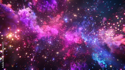 Energetic Neon Confetti and Fireworks in Starry Sky for New Year's Celebrations and Digital Art