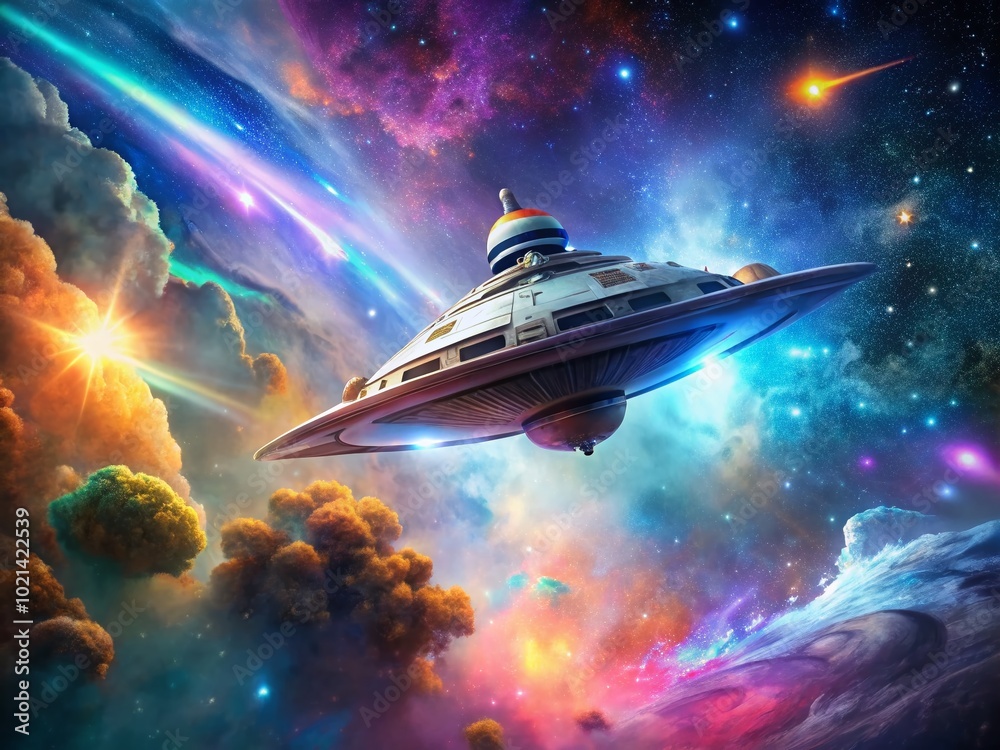 Futuristic Space Ship Flying Through the Stars in a Colorful Cosmic Nebula Background Scene