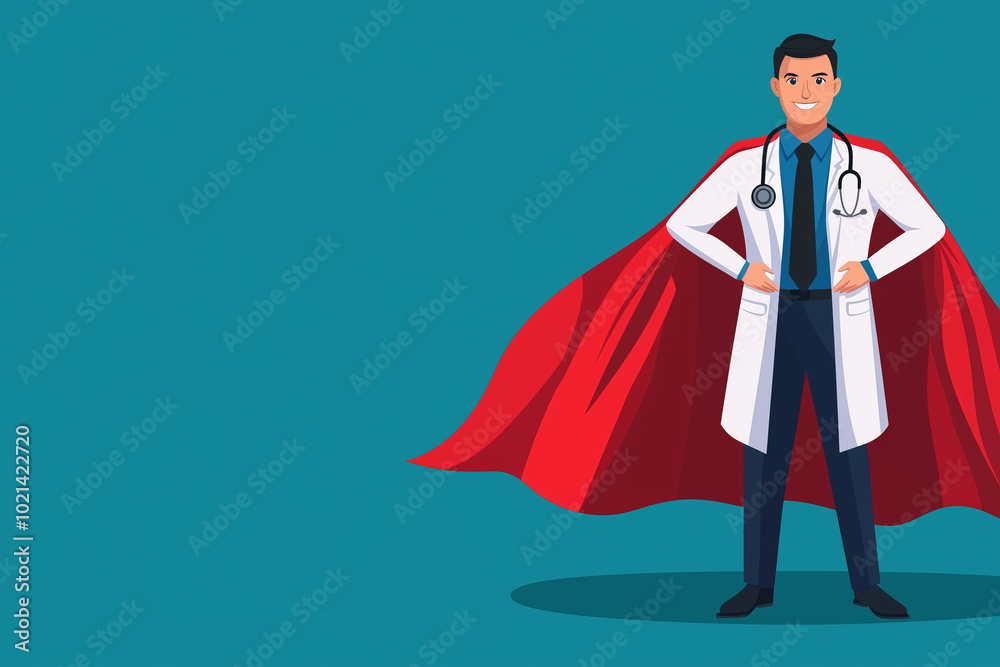 A doctor in a white coat and red cape, standing with hands on hips. A doctor in a white coat and red cape, standing with hands on hips.