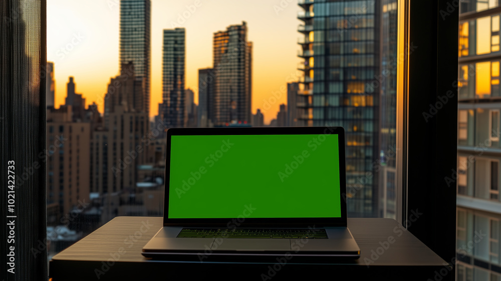 Laptop with green screen on desk with city view. Laptop with green screen on desk with city view.