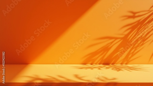 3D studio room with orange background. Empty floor and wall with product podium. Shadow overlay from window to countertop. Mockup illustration with sunlight.