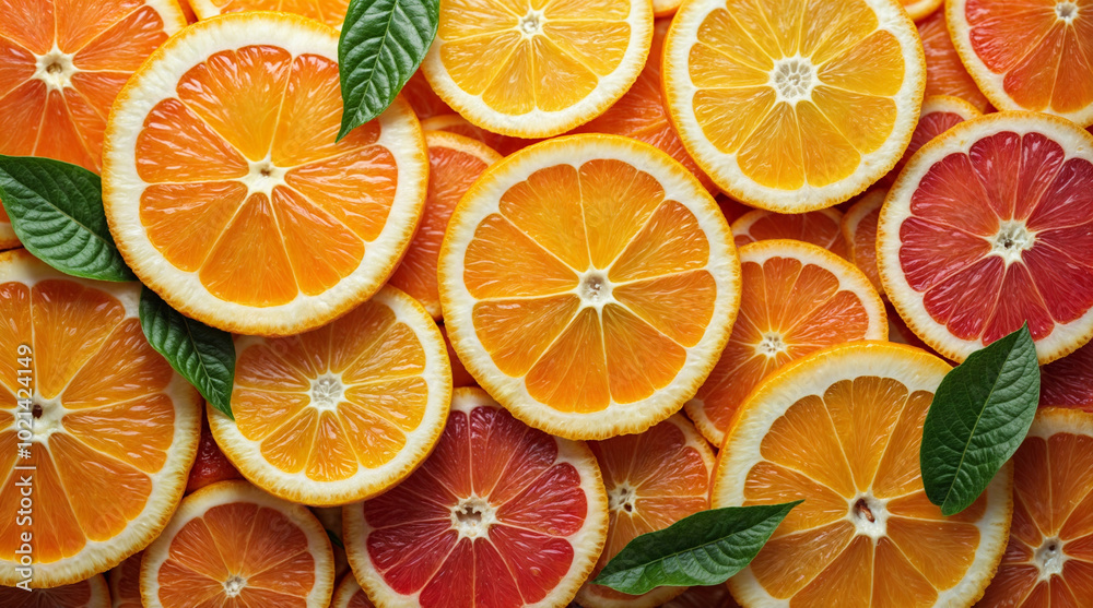 close-up of a pile of sliced oranges, with green leaves sprinkled on top, set against a blurred green background. close-up of a pile of sliced oranges, with green leaves sprinkled on top, set against a blurred green background.