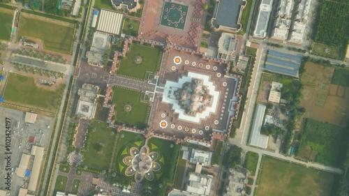 Aerial View Drone Footage of Akshardham Temple in New Delhi one of the largest Hindu temple in India photo