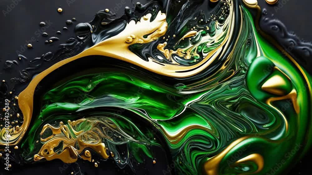 Abstract swirls of green and gold fluid on a black background, fluart. Acrylic paint background Abstract swirls of green and gold fluid on a black background, fluart. Acrylic paint background