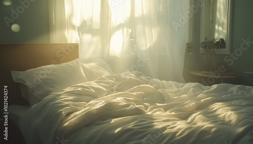 A Sunlit Morning in a Cozy Bedroom With Rumpled Sheets and Soft, Flowing Curtains Creating a Serene Atmosphere