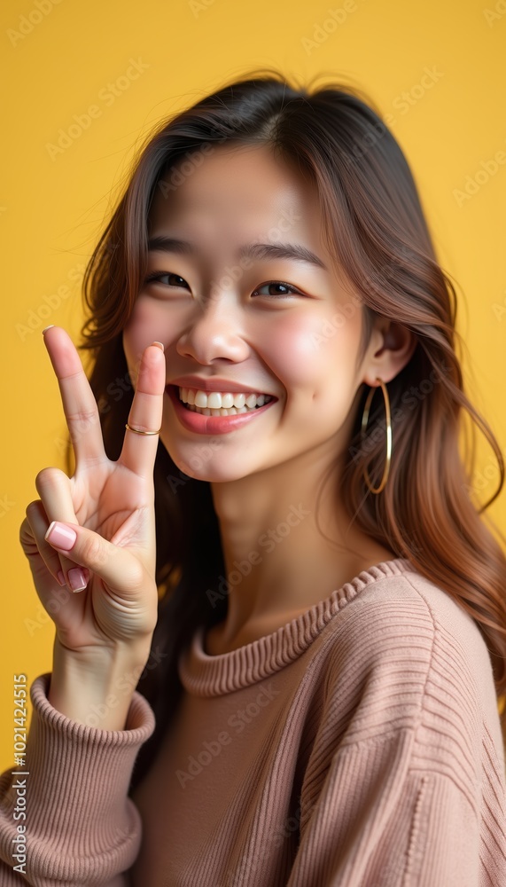 A cheerful woman flashing a peace sign against a vibrant yellow background. Perfect for promoting positivity, wellness, and lifestyle themes in marketing. A cheerful woman flashing a peace sign against a vibrant yellow background. Perfect for promoting positivity, wellness, and lifestyle themes in marketing.