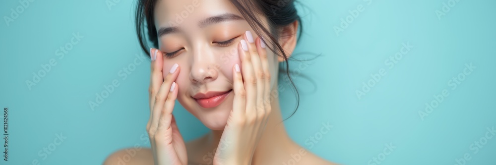 A serene young woman enjoys a skincare routine, showcasing natural beauty and self care in a calming environment. A serene young woman enjoys a skincare routine, showcasing natural beauty and self care in a calming environment.