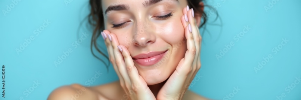 Fototapeta premium A happy young woman gently touching her face against a light blue background, embodying beauty and skincare, radiating positivity and self care.