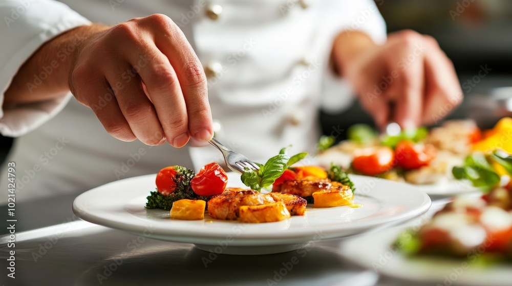 Chef Finishing a Plate with Grilled Fish, Tomatoes, and Basil Chef Finishing a Plate with Grilled Fish, Tomatoes, and Basil