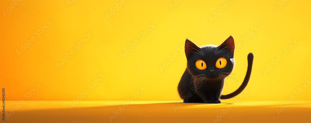 Fototapeta premium Charming Black Cat Illustration on a Bright Yellow Background