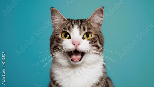 A delightful and adorable picture of a happy cat with a wide smile, exposing its pearly white teeth. The cat's bright, shiny eyes sparkle with mischief, and its bushy tail curls around its body