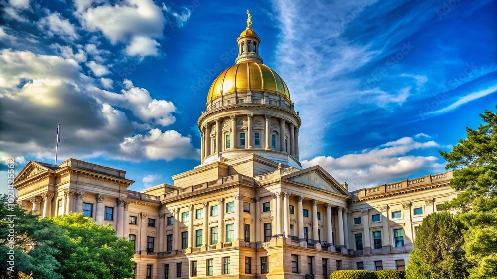 Naklejka premium Golden Dome of the Georgia State Capitol Building in Atlanta Against a Clear Blue Sky Background