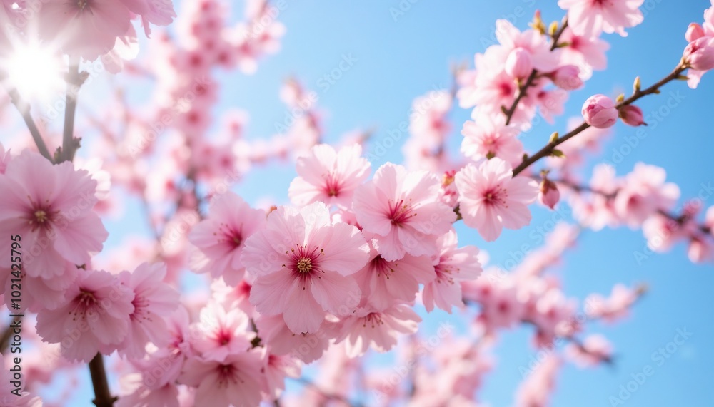 Cherry Blossoms in Full Bloom Against a Clear Blue Sky, Springtime Beauty Cherry Blossoms in Full Bloom Against a Clear Blue Sky, Springtime Beauty