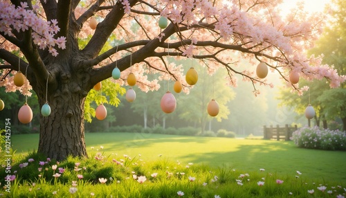 Easter Egg Tree Decorated with Colorful Eggs in a Sunny Spring Garden photo