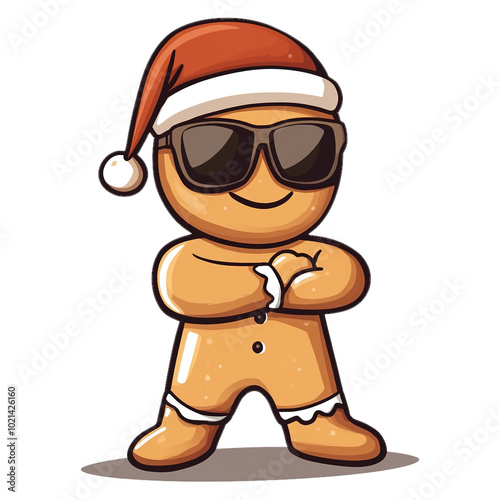 Cooler Lebkuchenmann mit Weihnachtsmütze, Sonnenbrille und verschränkten Armen in lässiger Pose