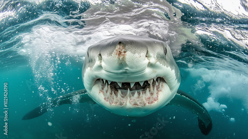 A great white shark swims towards the camera with its mouth open, revealing rows of sharp teeth.