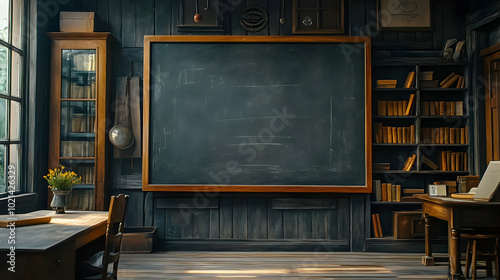 Vintage Classroom with Blackboard and Bookshelves Illustration