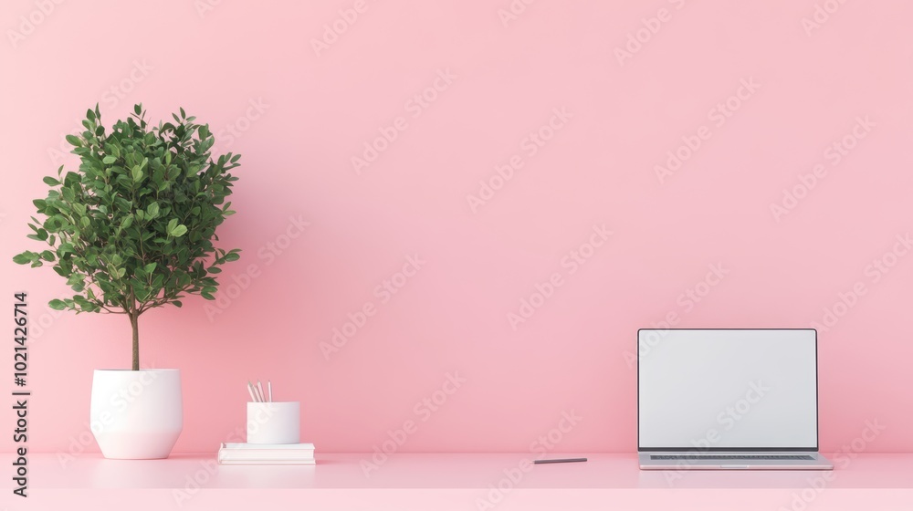 A minimalist desk with a single plant, a laptop, a notebook, and a pen, symbolizing efficient work and focus.