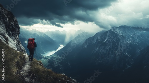 Solitary Hiker Ascending Mountain Trail with Dramatic Cloudy Sky and Valley View