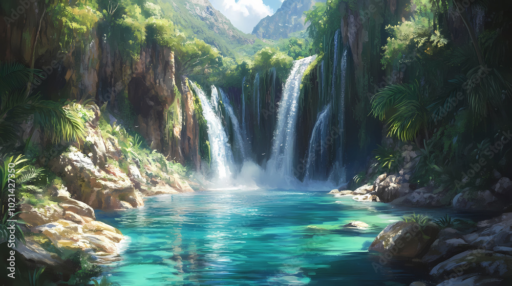 Mesmerizing waterfall is cascading down a rocky cliff into a crystal-clear blue lagoon surrounded by lush tropical vegetation. Crystal-Clear Lagoon. Illustration Mesmerizing waterfall is cascading down a rocky cliff into a crystal-clear blue lagoon surrounded by lush tropical vegetation. Crystal-Clear Lagoon. Illustration