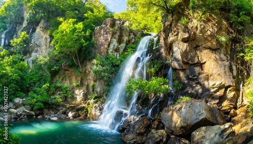 Crystal Clear Waterfall Cascading Down a Rocky Cliffside, Surrounded by Lush Green Trees and Vibrant Flora, Bathed in the Soft Light of Early Morning Sunshine