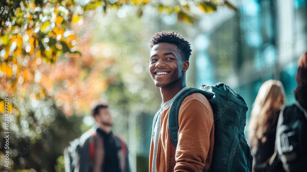 A Cheerful Student Strolls Through Campus Under a Canopy of Autumn Leaves on a Sunny Day A Cheerful Student Strolls Through Campus Under a Canopy of Autumn Leaves on a Sunny Day