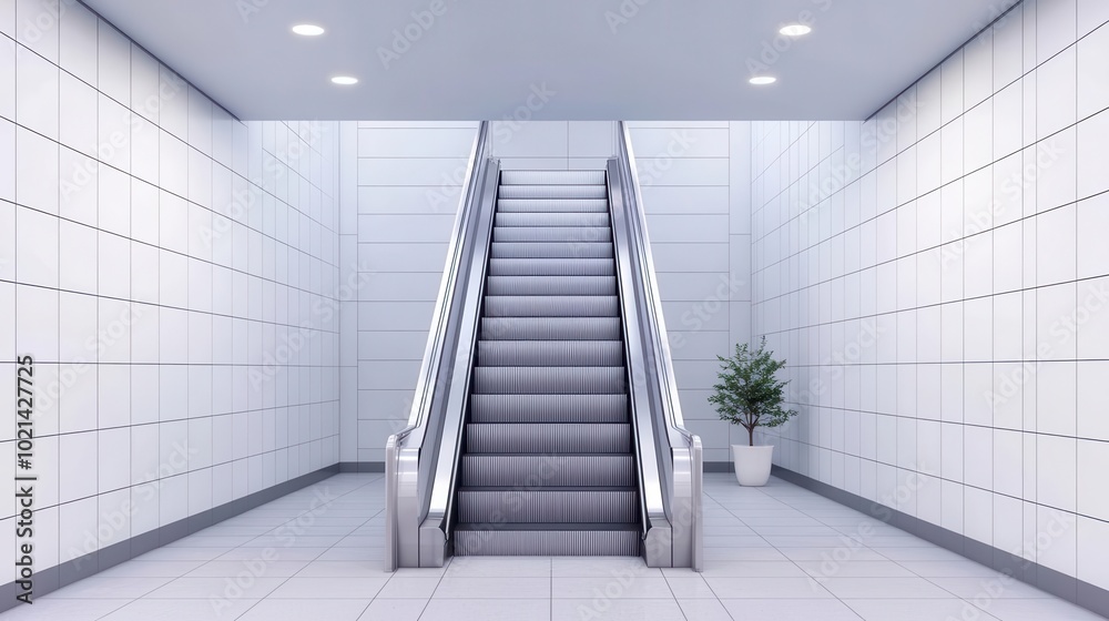 Obraz premium Schematic of a commercial building staircase with escalator alongside for accessibility, public space design, urban planning