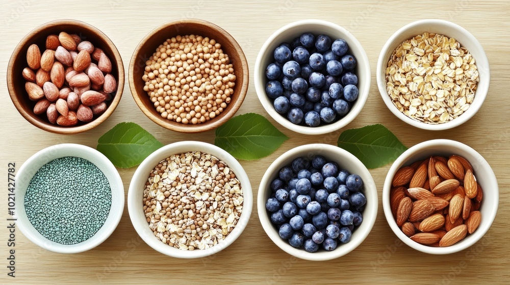 Bowls of assorted cereals topped with blueberries on a light wooden surface Bowls of assorted cereals topped with blueberries on a light wooden surface