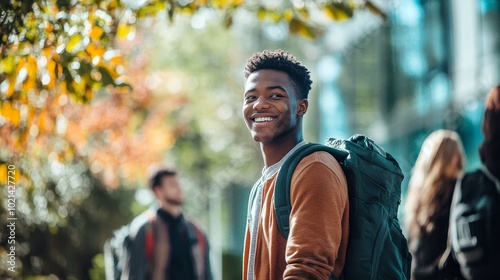 A Cheerful Student Strolls Through Campus Under a Canopy of Autumn Leaves on a Sunny Day