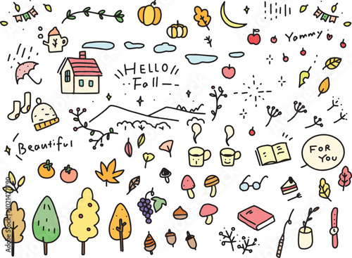 Autumn - cute doodle - headline hand drawn simple color line drawing vector illustration set material