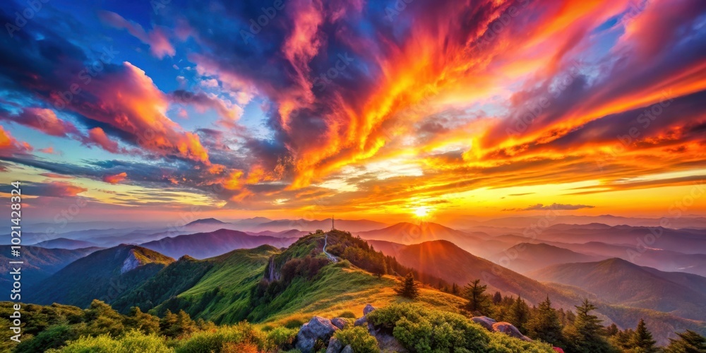 A fiery sunset illuminates the peaks of a mountain range, casting long shadows and painting the clouds in vibrant hues of orange, pink, and purple. A fiery sunset illuminates the peaks of a mountain range, casting long shadows and painting the clouds in vibrant hues of orange, pink, and purple.