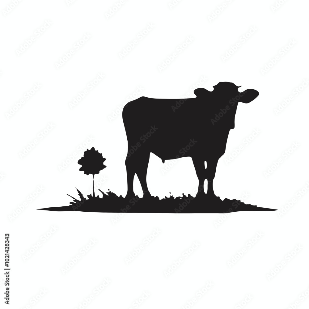 A black silhouette of a cow grazing in a grassy field A black silhouette of a cow grazing in a grassy field