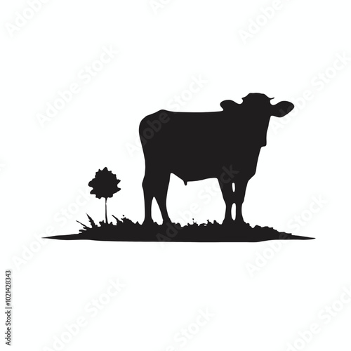 A black silhouette of a cow grazing in a grassy field