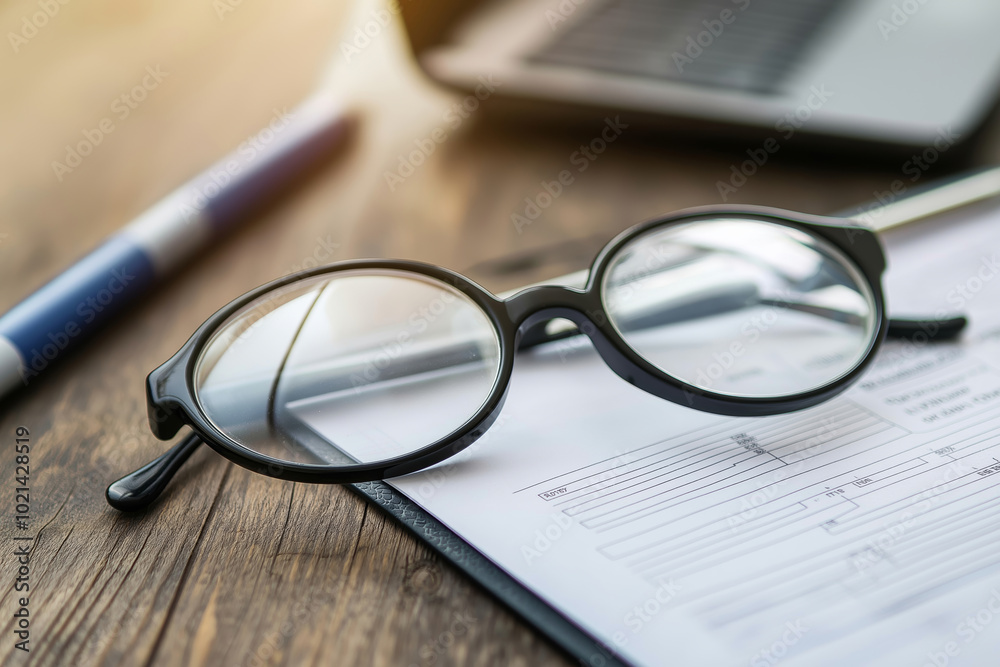 Black glasses placed on a document with a laptop and pen nearby, symbolizing focus and clarity. Black glasses placed on a document with a laptop and pen nearby, symbolizing focus and clarity.