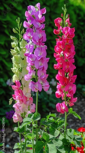 Tall sweet pea flower stalks in pink, purple, and cream shades, growing in a lush garden with a green foliage background.

 photo