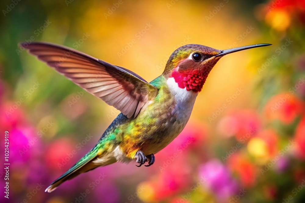 Fototapeta premium Graceful Hummingbird in Flight Captured in Stunning Detail Against a Vibrant Nature Background