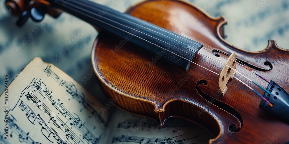 Fototapeta premium A violin rests on sheet music, highlighting its polished wood and intricate strings.