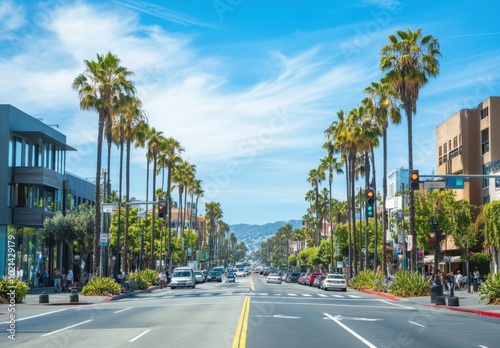 street in Santa Monica, California, with modern buildings and palm trees on both sides There's an intersection at one end of the road where traffic lights flash green for cars Generative AI