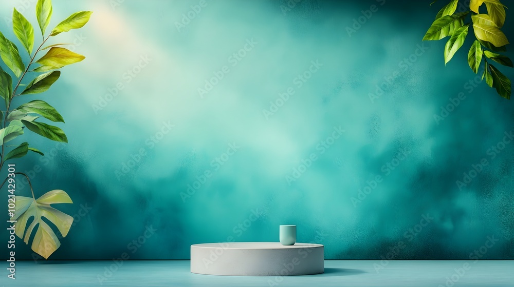 Pristine 3D Product Showcase with Blue Ombre Backdrop and Concrete Environment Spotlight from Window Casts Dramatic Shadows on Pedestal Utilizing High Key Lighting for Captivating Product Mockup Pristine 3D Product Showcase with Blue Ombre Backdrop and Concrete Environment Spotlight from Window Casts Dramatic Shadows on Pedestal Utilizing High Key Lighting for Captivating Product Mockup