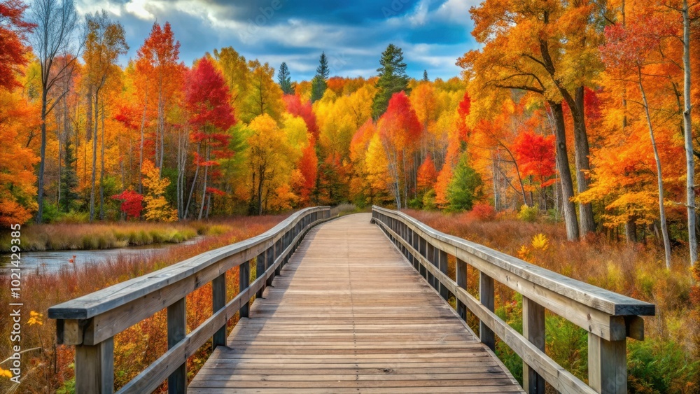 A wooden bridge leading into a vibrant forest adorned with autumn foliage, showcasing nature's vibrant canvas. A wooden bridge leading into a vibrant forest adorned with autumn foliage, showcasing nature's vibrant canvas.