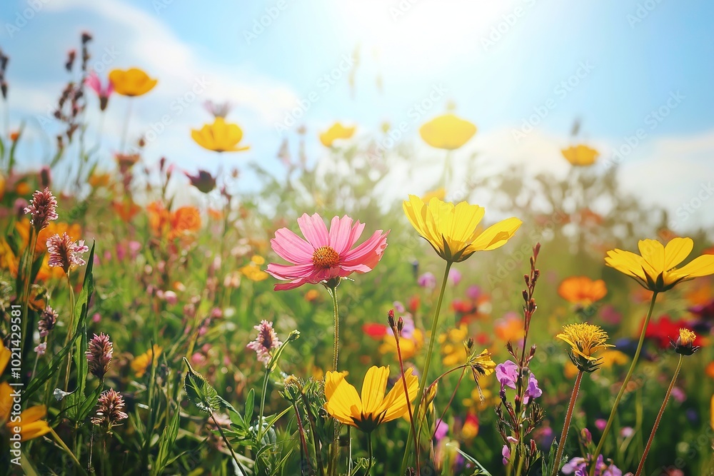 A colorful field of wildflowers in full bloom contrasts with the clear sky, embodying natural beauty and happiness. A colorful field of wildflowers in full bloom contrasts with the clear sky, embodying natural beauty and happiness.