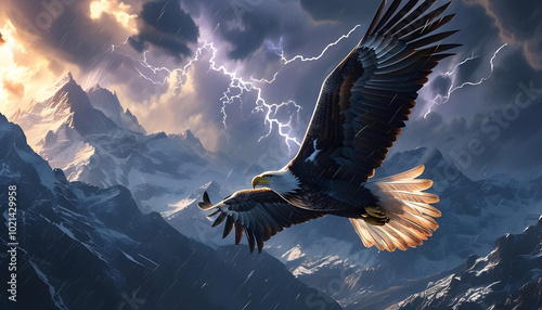 A majestic bald eagle soars through a stormy sky above snow-capped mountains, with lightning illuminating the clouds
