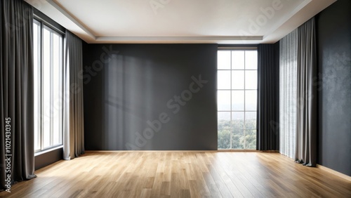 Modern minimalist living room with gray walls and wooden floor, featuring large windows with gray and white curtains