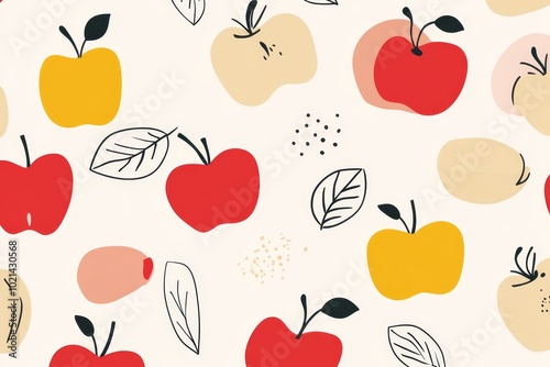 Colorful pattern of apples and leaves on a light background showcasing fruit varieties in a playful design