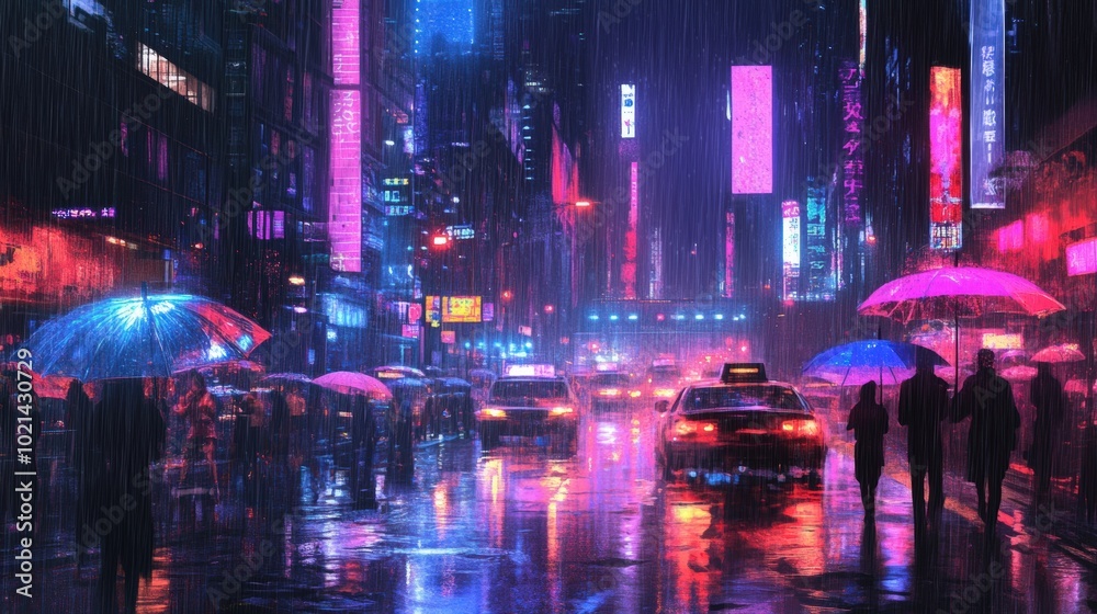 Rainy night in a neon-lit city. Rainy night in a neon-lit city.